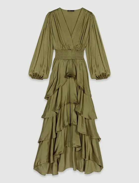 Đầm d&agrave;i maxi ruffle xếp b&egrave;o hiệu ứng satin T34 Kaki