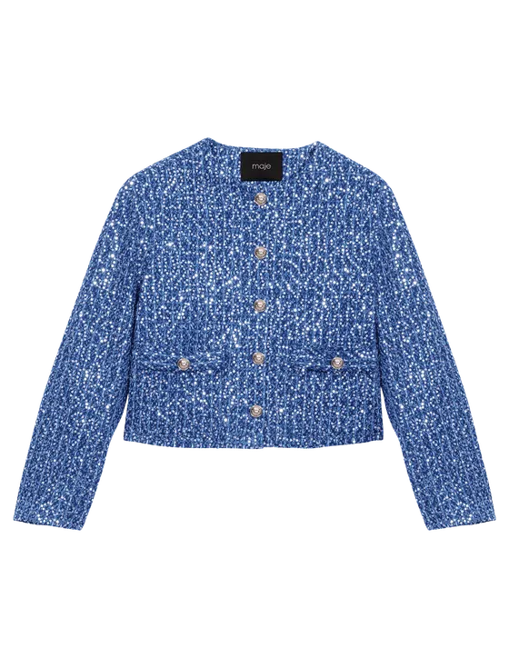 &Aacute;o kho&aacute;c tweed sequin cổ tr&ograve;n T38 Xanh dương