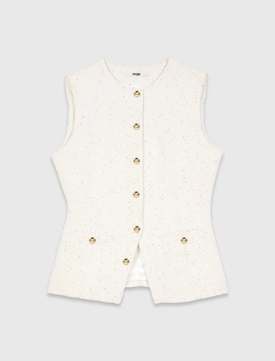 &Aacute;o kho&aacute;c d&agrave;i vải tweed T36 Trắng ng&agrave;