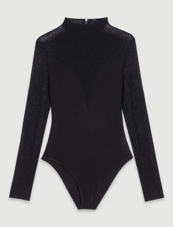 Áo bodysuit dài tay đính đá T0 Đen