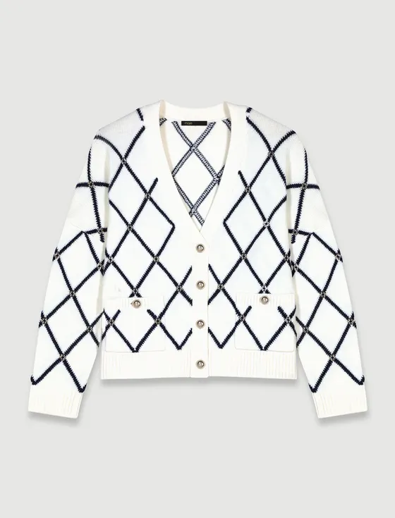 Áo cardigan oversized họa tiết thoi T1 Trắng ngà