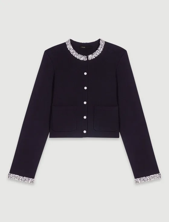 Áo cardigan dáng crop viền đính đá T2 Đen