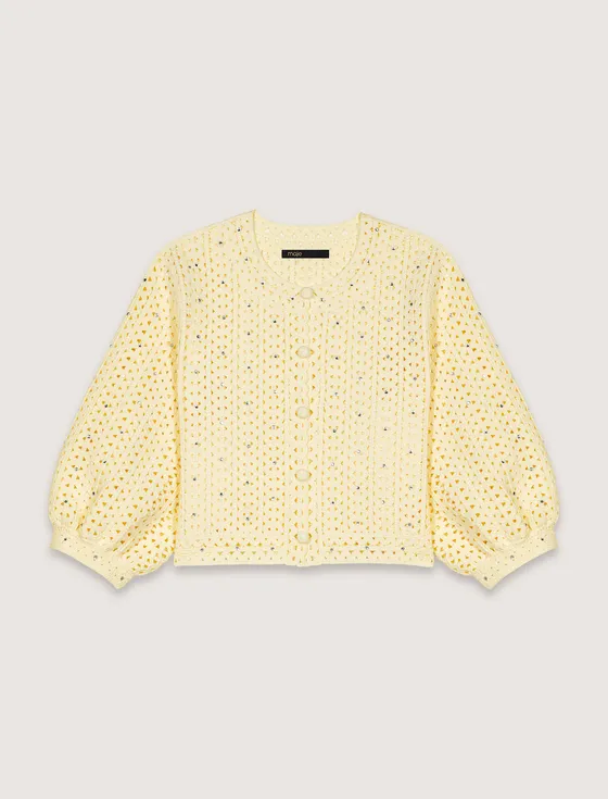 Áo cardigan crochet đính đá dáng ngắn T0 Vàng