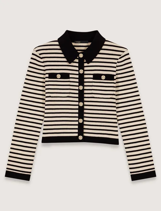 Áo cardigan dệt kim kẻ ngang dáng ngắn T0 Xanh đen / Ecru