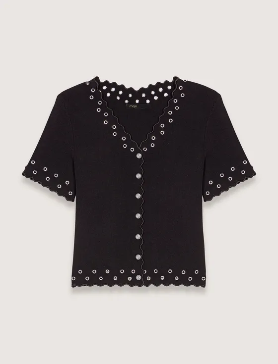 Áo cardigan dệt kim dáng ngắn đính khuy lỗ T3 Đen