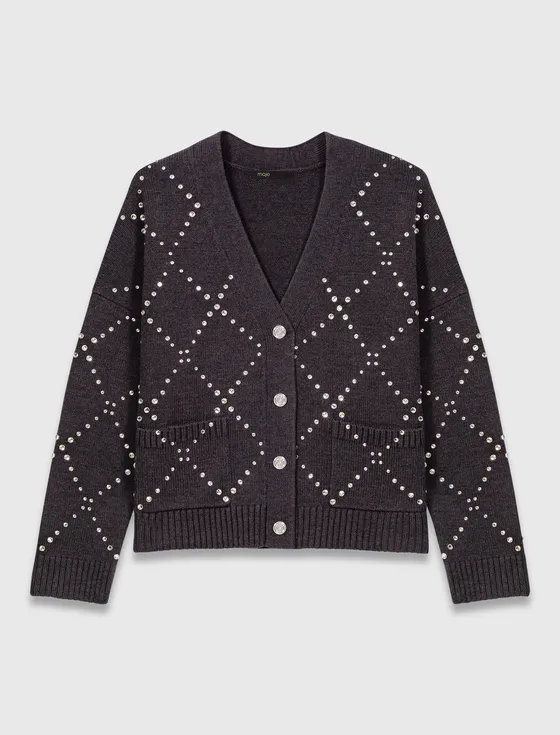 Áo cardigan kẻ đính đá T1 Xám