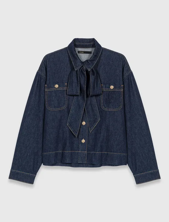 Áo sơ mi denim suông thắt nơ cổ T1 Xanh đen