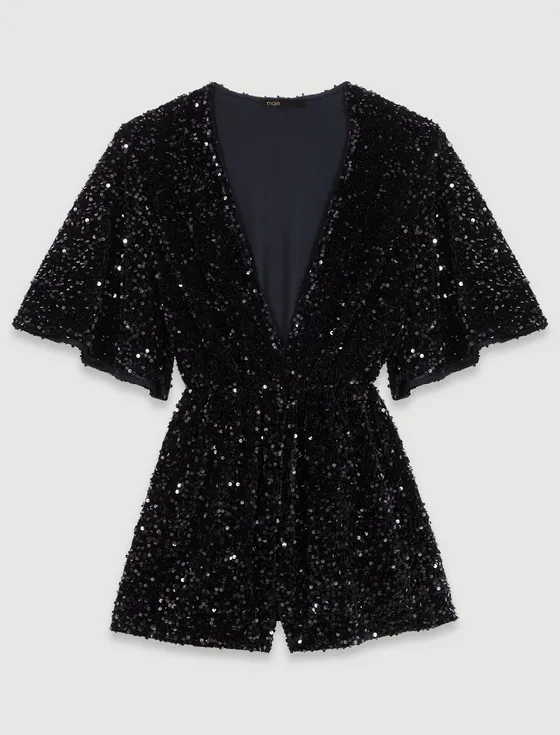 Jumpsuit nhung sequin cổ V T34 Đen