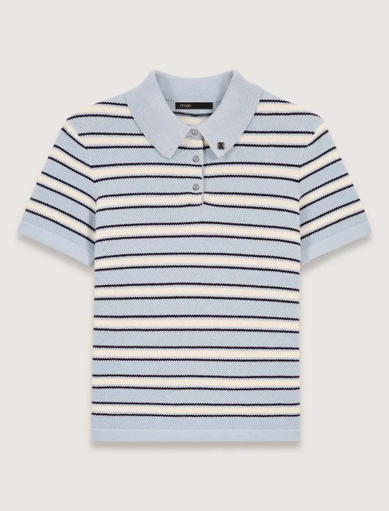 Áo polo dệt kim kẻ ngang pastel T2 Xanh dương