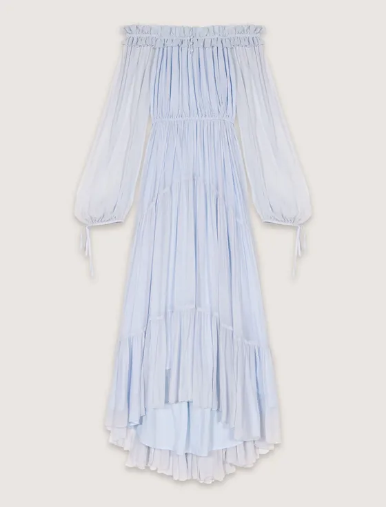 Đầm dài trễ vai cổ tròn chiffon xếp ly T36 Xanh da trời