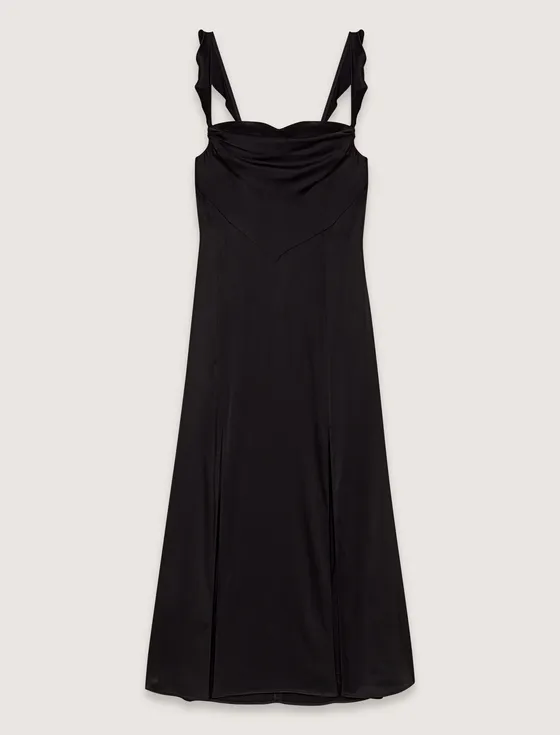 Đầm dài satin viền bèo hở lưng cut-out T34 Đen