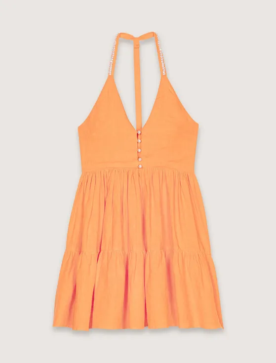 Đầm ngắn linen cổ yếm hở lưng T36 Cam