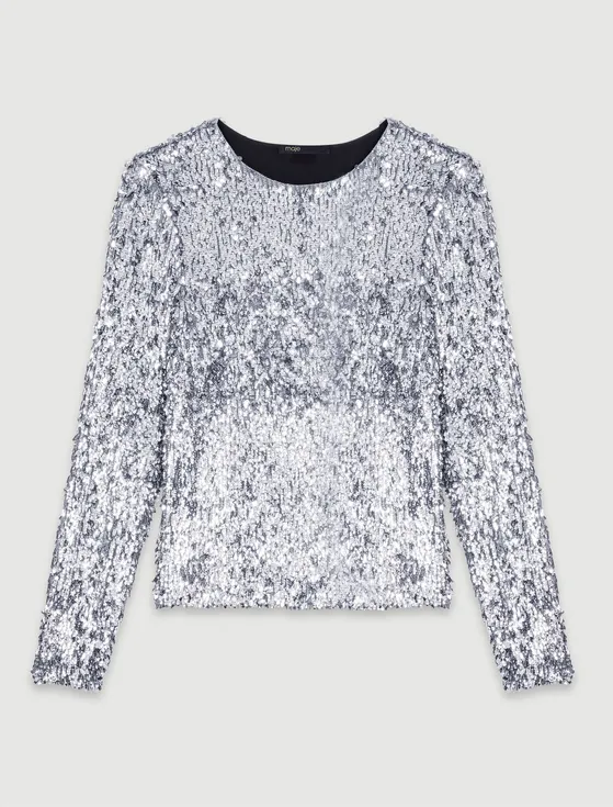 Áo dài tay cổ tròn sequin T0 Bạc