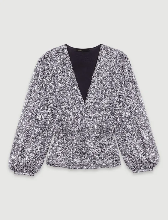 Áo cổ V sequin xếp bèo T1 Bạc