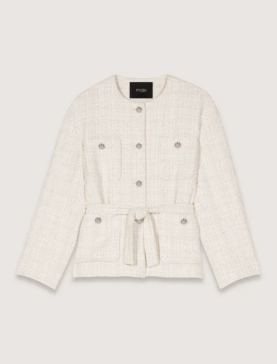 Áo khoác tweed suông kèm thắt lưng T36 Trắng ngà