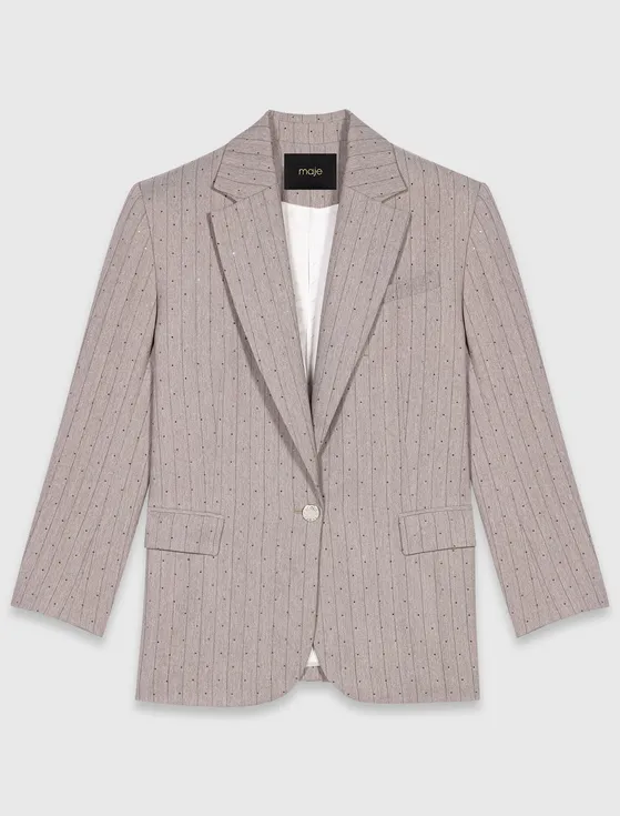 Áo blazer kẻ suông đính đá T34 Xám nhạt