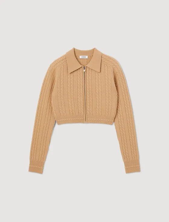 Áo cardigan dệt kim dáng crop 360 Camel
