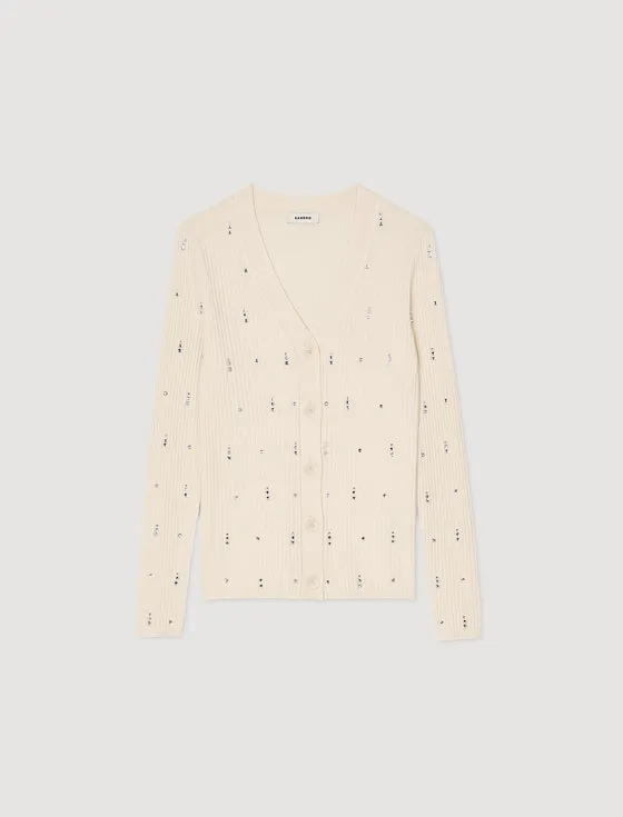 Áo cardigan dệt kim đính đá 1 Trắng Ecru