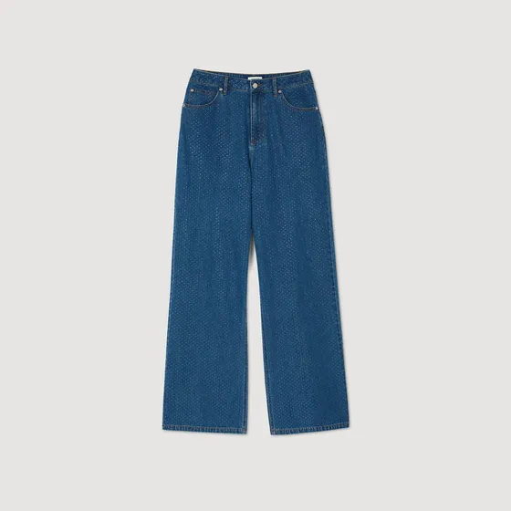 Quần jeans ống rộng đính đá 34 Xanh denim