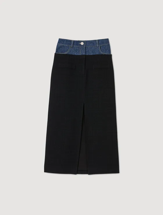 Chân váy denim phối tweed 36 Đen