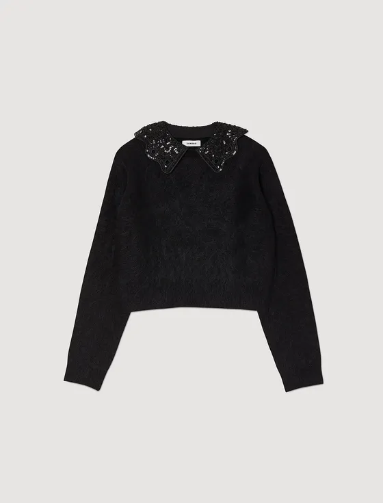 Áo len dáng crop đính sequin 360 Đen