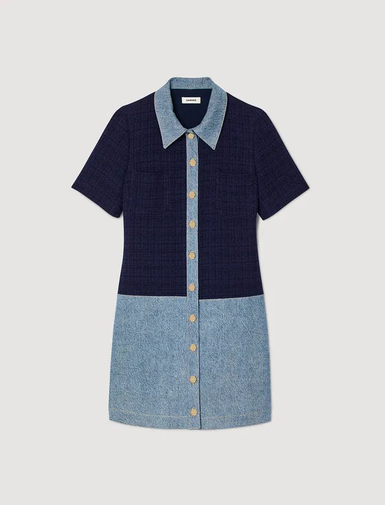 Đầm ngắn vải tweed và denim 61 Xanh dương
