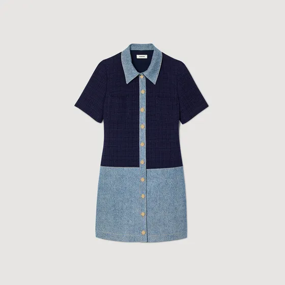 Đầm ngắn vải tweed và denim 33 Xanh dương