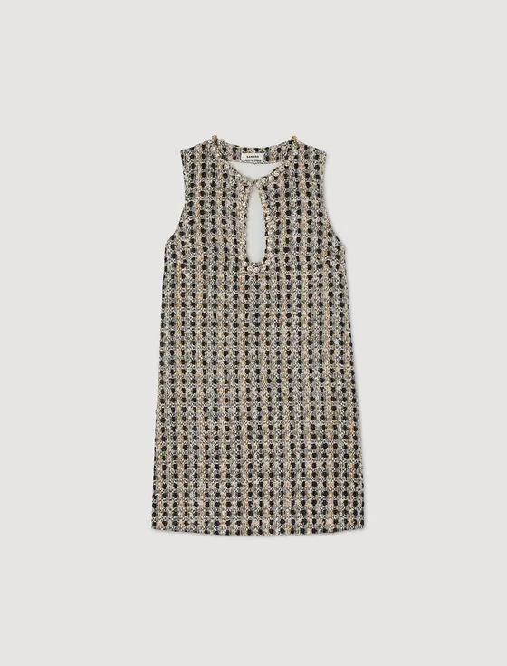 Đầm ngắn vải tweed đính đá 34 Camel