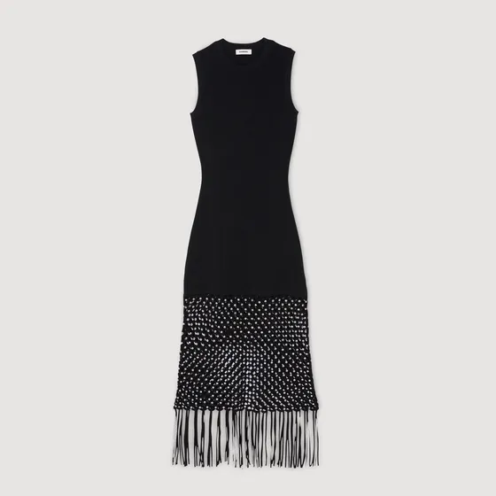 Đầm dài maxi dệt kim phối tua rua 36 Đen