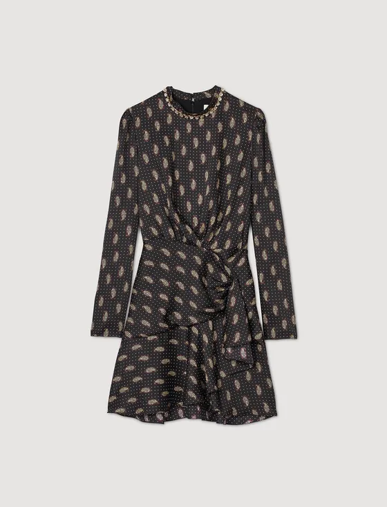 Đầm ngắn họa tiết paisley đính đá 38 Đen