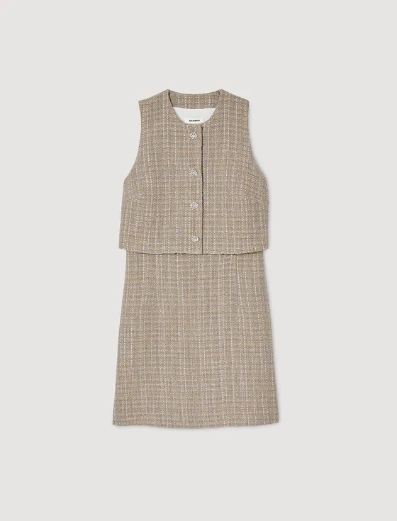 Đầm ngắn tweed không tay 36 Camel