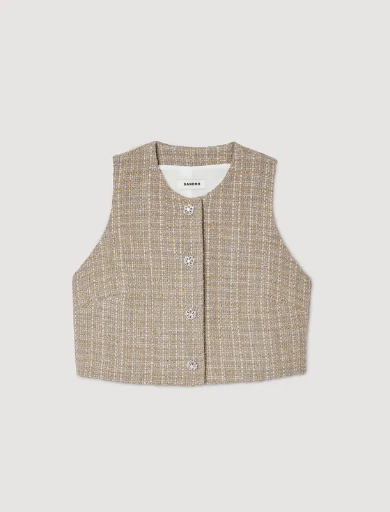 Áo dáng crop vải tweed 1 Camel