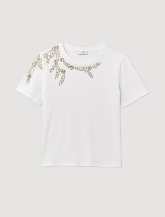 Áo T-shirt phối thêu đính hạt 1 Trắng