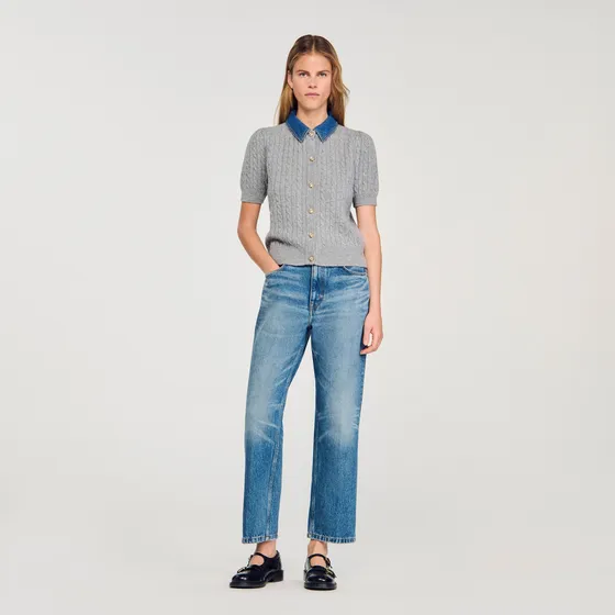 Áo khoác cardigan cổ denim 1 Xám