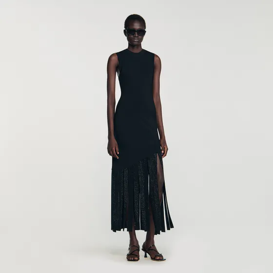 Đầm maxi viền tua rua 36 Đen