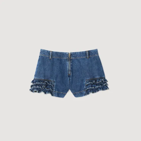 Quần short denim nhún bèo 38 Xanh denim