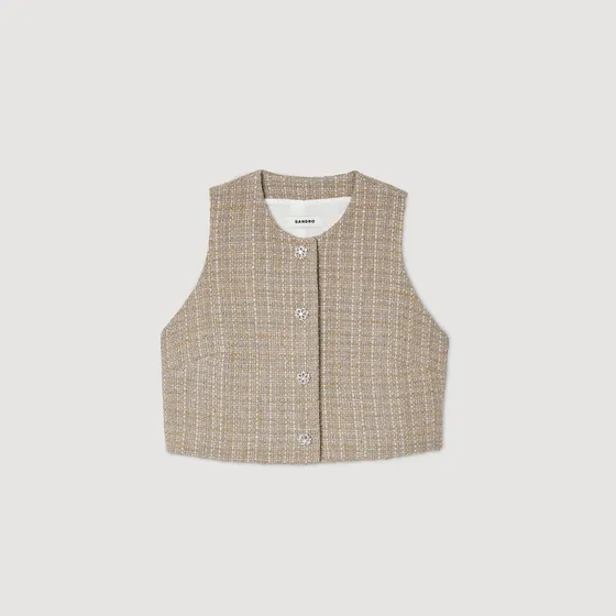 Áo dáng crop vải tweed 1 Camel