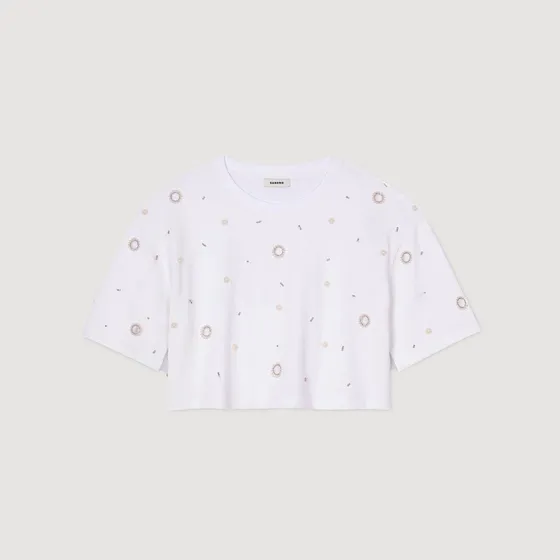 Áo phông dáng crop đính ngọc trai 2 Trắng