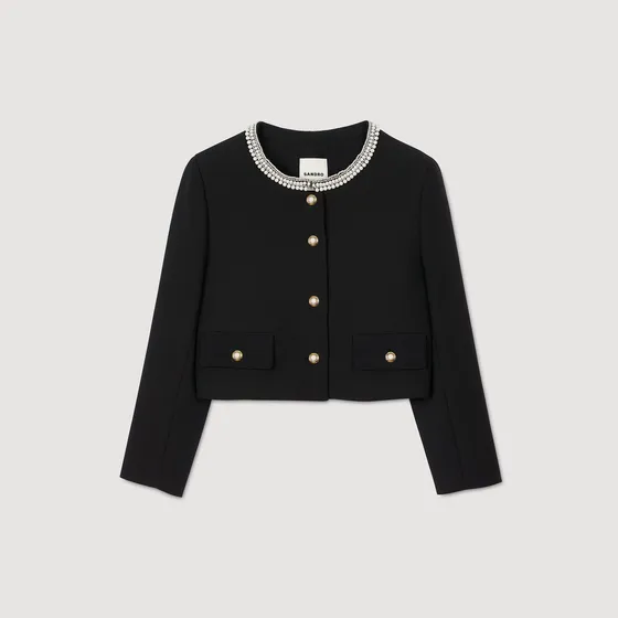 Áo khoác dáng crop đính cườm 38 Đen