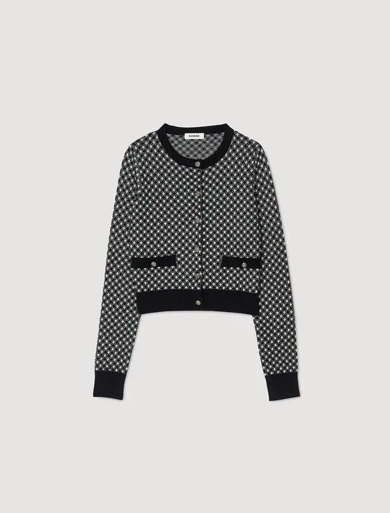 Áo cardigan jacquard kẻ caro 310 Đen