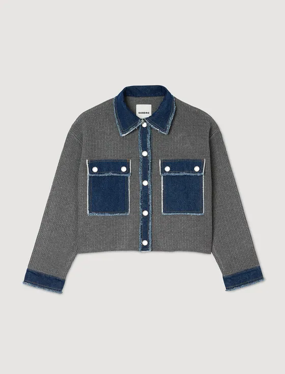 Áo khoác coatigan len phối denim 1 Xám