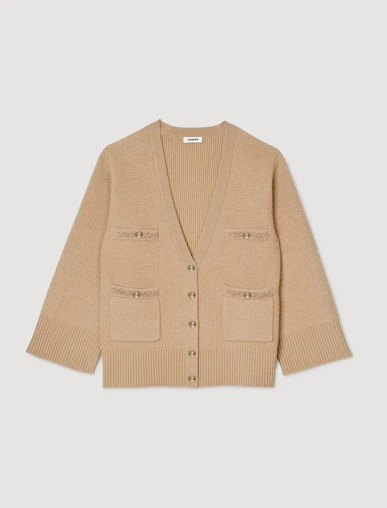 Áo cardigan len cổ V dáng dài 1 Camel