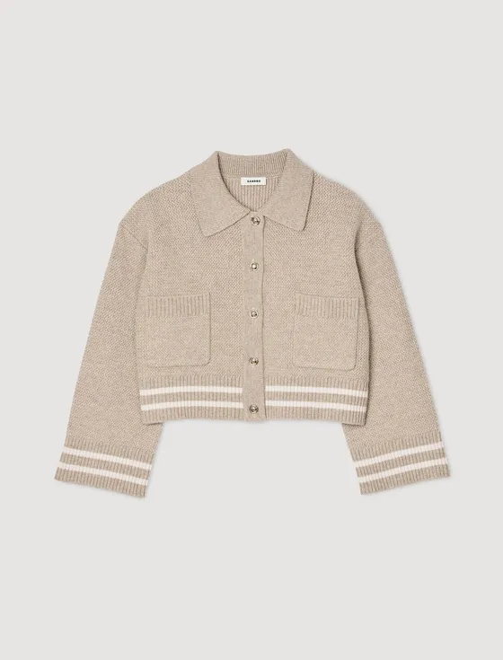 Áo cardigan dệt kim viền kẻ 310 Be