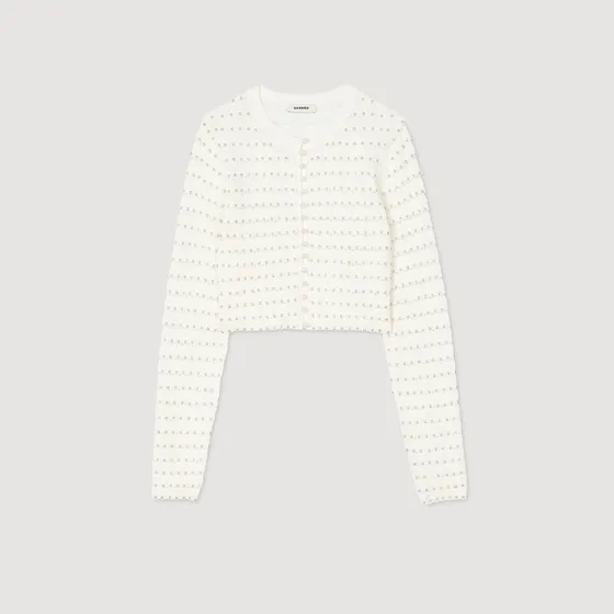 Áo cardigan dáng crop phối ngọc trai 1 Trắng Ecru