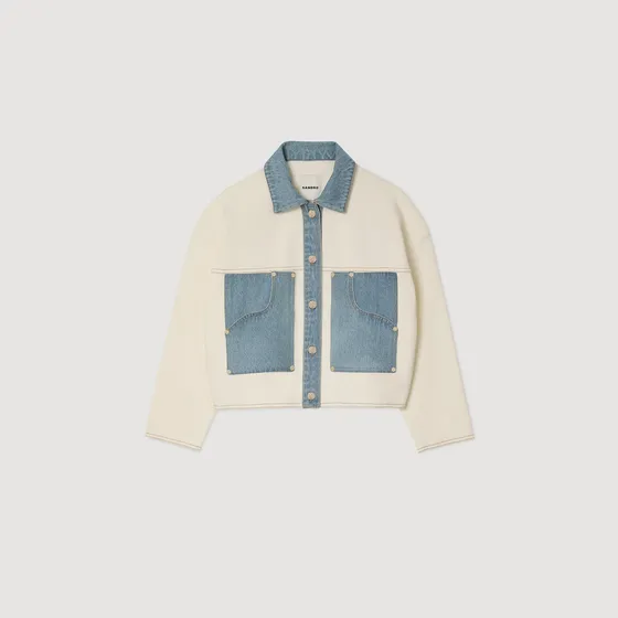 Áo cardigan phối denim 2 Trắng Ecru