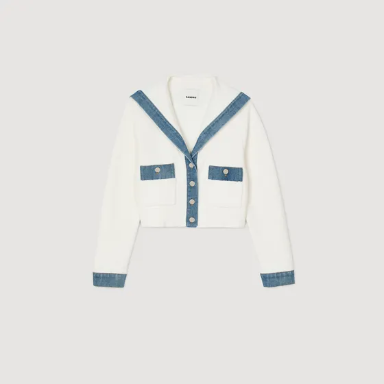 Áo cardigan phối denim 1 Trắng Ecru