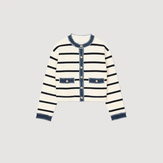 Áo cardigan kẻ ngang phối denim 2 Trắng Ecru