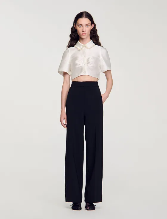 Áo sơ mi satin dáng crop 310 Trắng