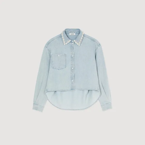 Áo sơ mi denim cổ đính đá 1 Xanh jean