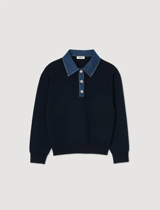 Áo len dệt kim cổ polo phối denim 1 Xanh đen